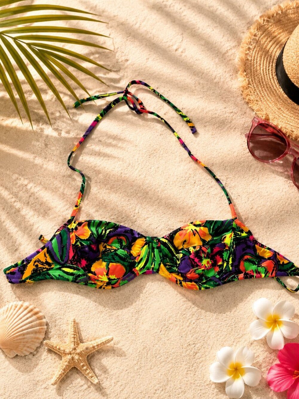 Vintage Neon Tropical Floral Underwire Bikini Top Size 9/10 Halter Swim